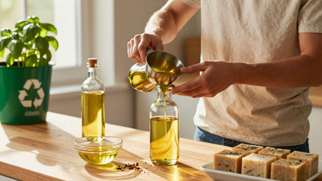 Pessoa a verter azeite num frasco com funil numa cozinha luminosa com sabonetes artesanais e planta ao fundo.
