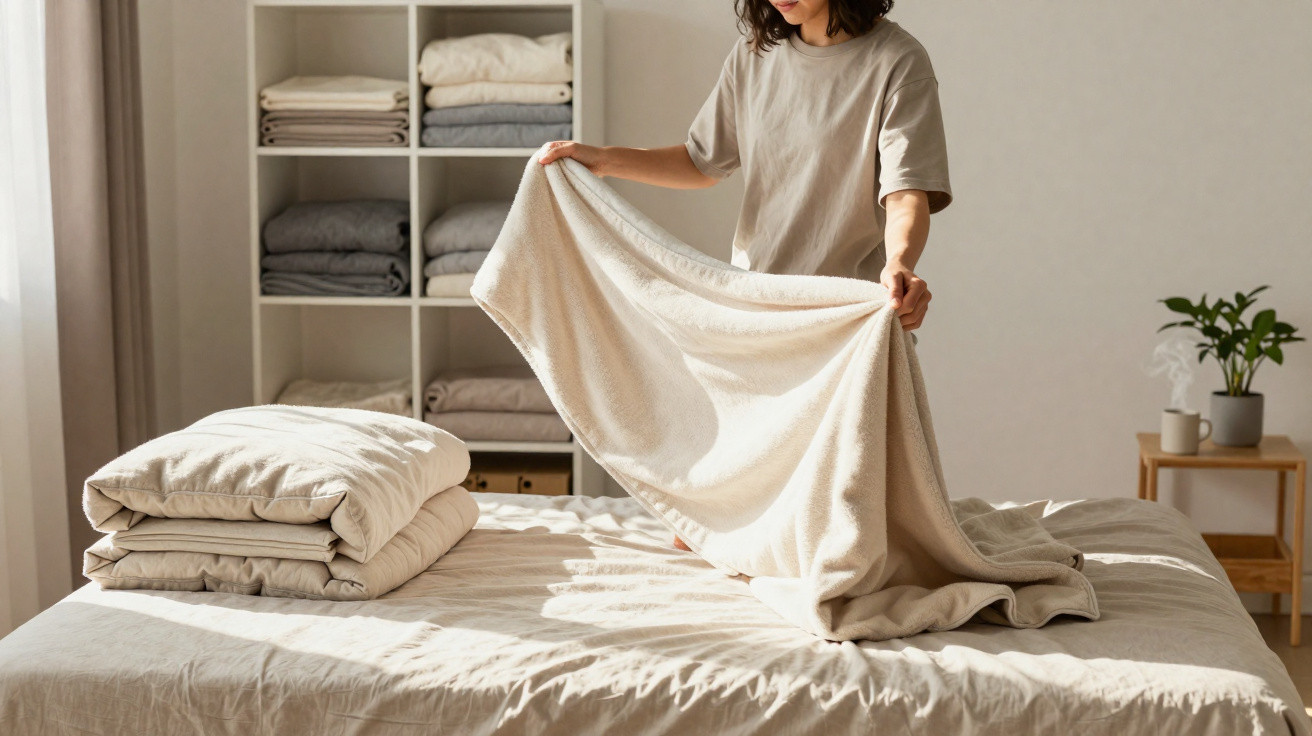 Pessoa a arrumar uma cama com roupa de cama em tons neutros, com estante de toalhas ao fundo.