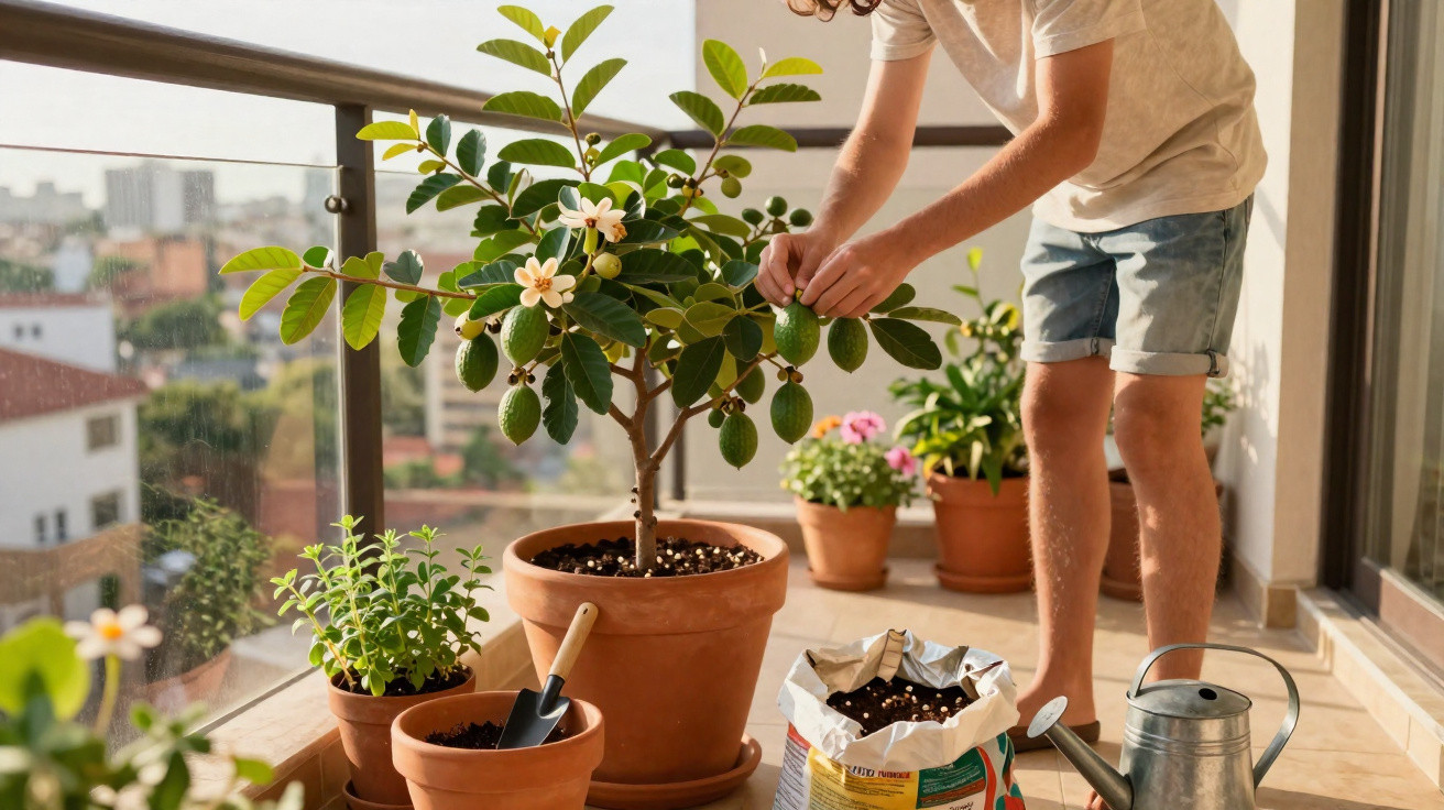 Criança cuida de planta num vaso grande na varanda ensolarada com outros vasos e acessórios de jardinagem.