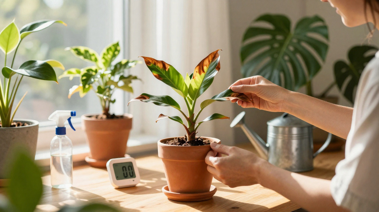 Pessoa a cuidar de planta com folhas amarelas e castanhas numa mesa com regador e temporizador.