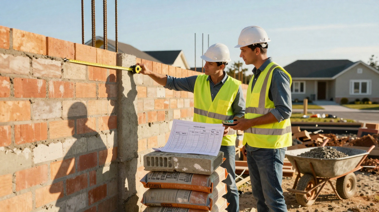 Dois operários de construção com coletes reflectores e capacetes medem parede de tijolos num estaleiro.
