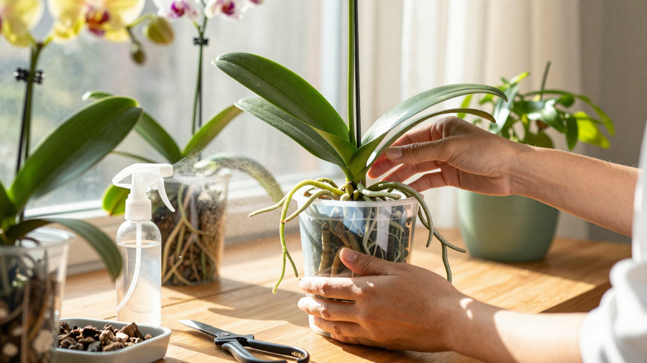 Pessoa a cuidar de orquídea em vaso transparente junto a outros vasos e utensílios numa janela ensolarada.