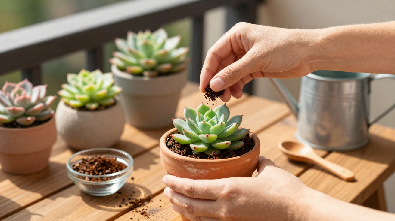 Mãos a colocar terra numa planta suculenta num vaso de barro sobre uma mesa de madeira com regador e outras plantas.