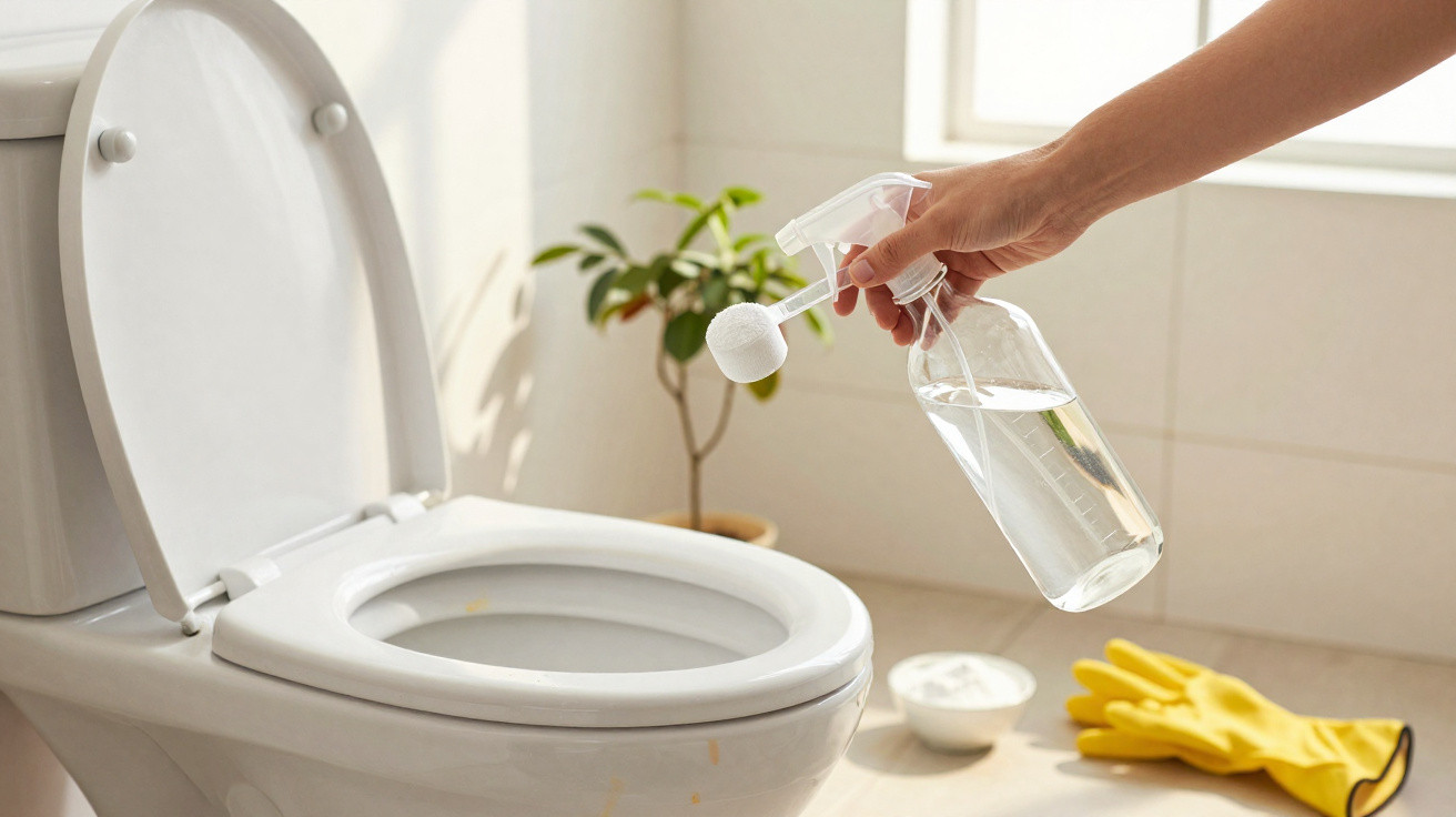 Pessoa a limpar o vaso sanitário com esponja e spray transparente num banheiro claro.