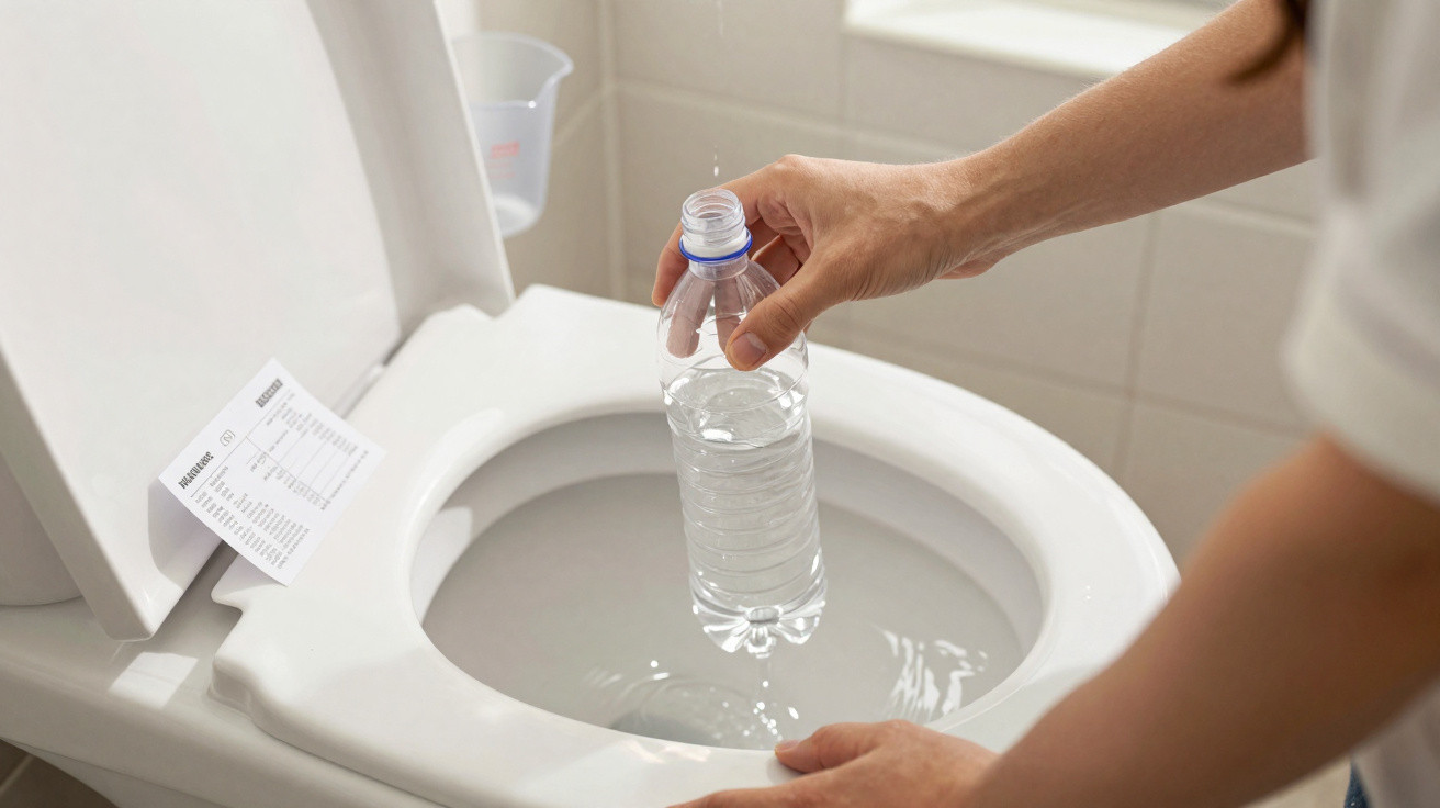 Pessoa a despejar líquido de garrafa plástica no vaso sanitário branco com tampa levantada.