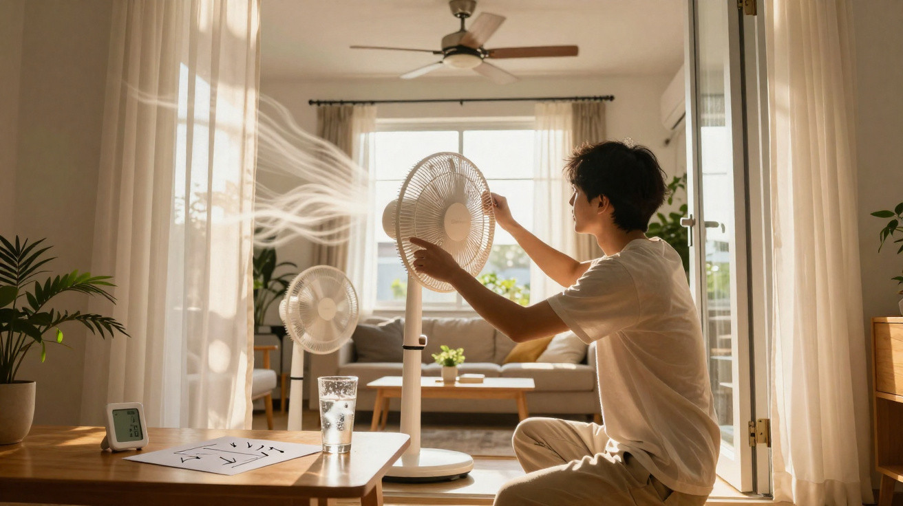 Pessoa ajusta ventilador numa sala iluminada com cortinas brancas e plantas decorativas.