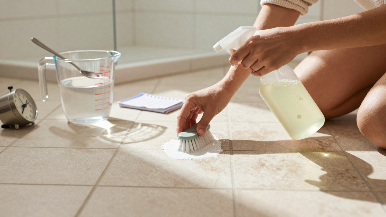 Mãos a limpar chão de azulejos com escova, spray de limpeza, jarro de água e relógio no chão.
