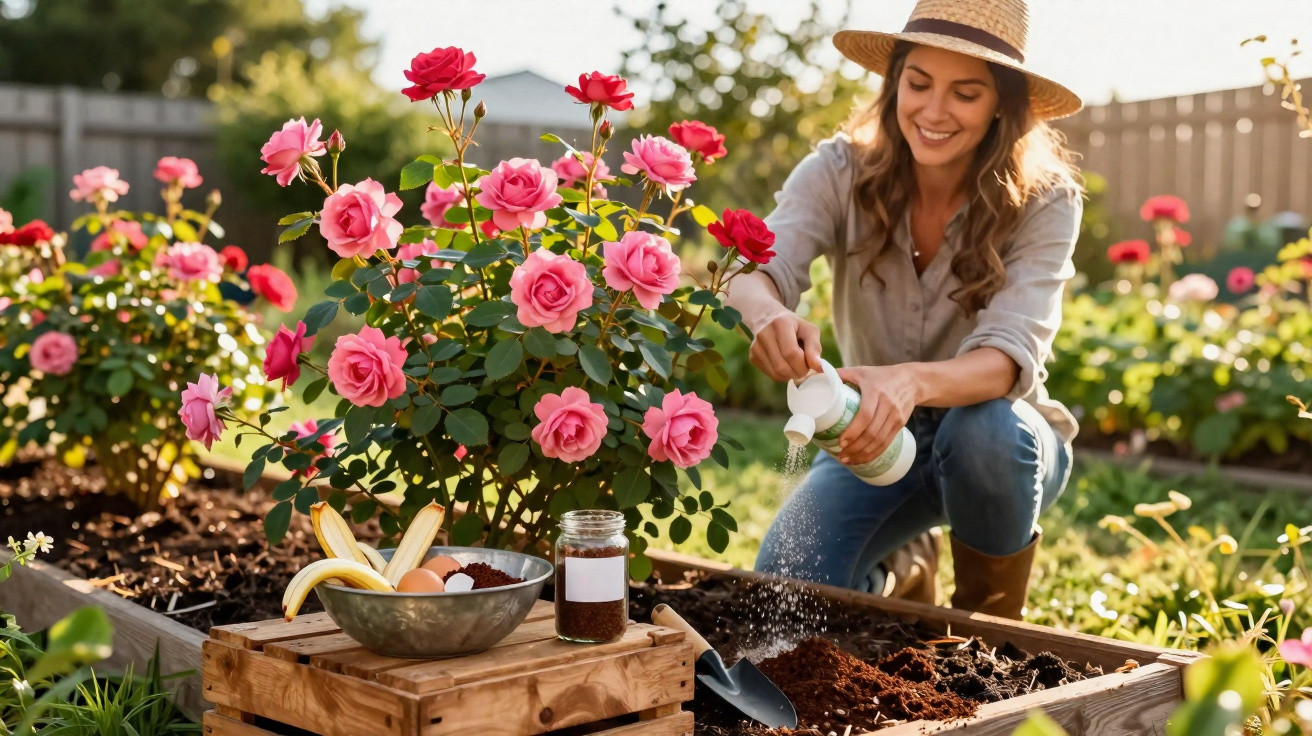 Mulher sorridente com chapéu a cuidar do jardim, regando plantas de rosas cor-de-rosa e vermelhas.