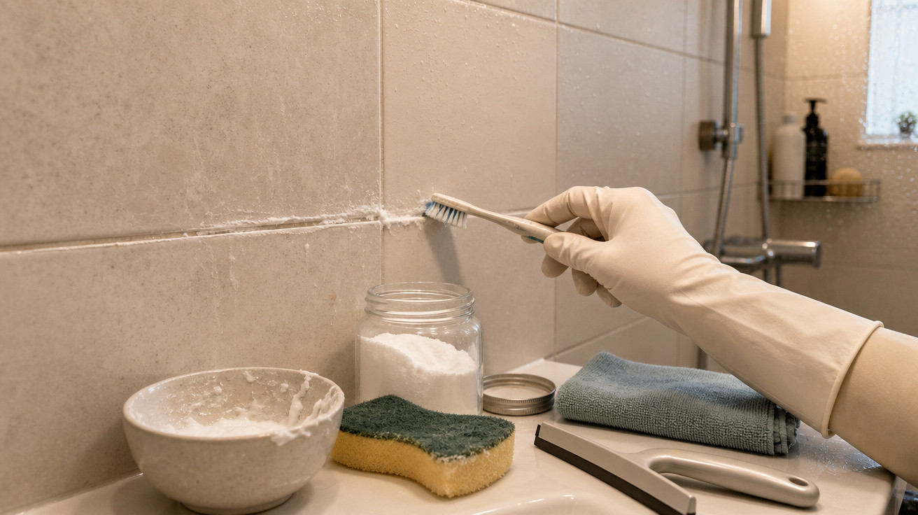 Pessoa com luva de borracha a limpar juntas de azulejos de casa de banho com escova e bicarbonato.