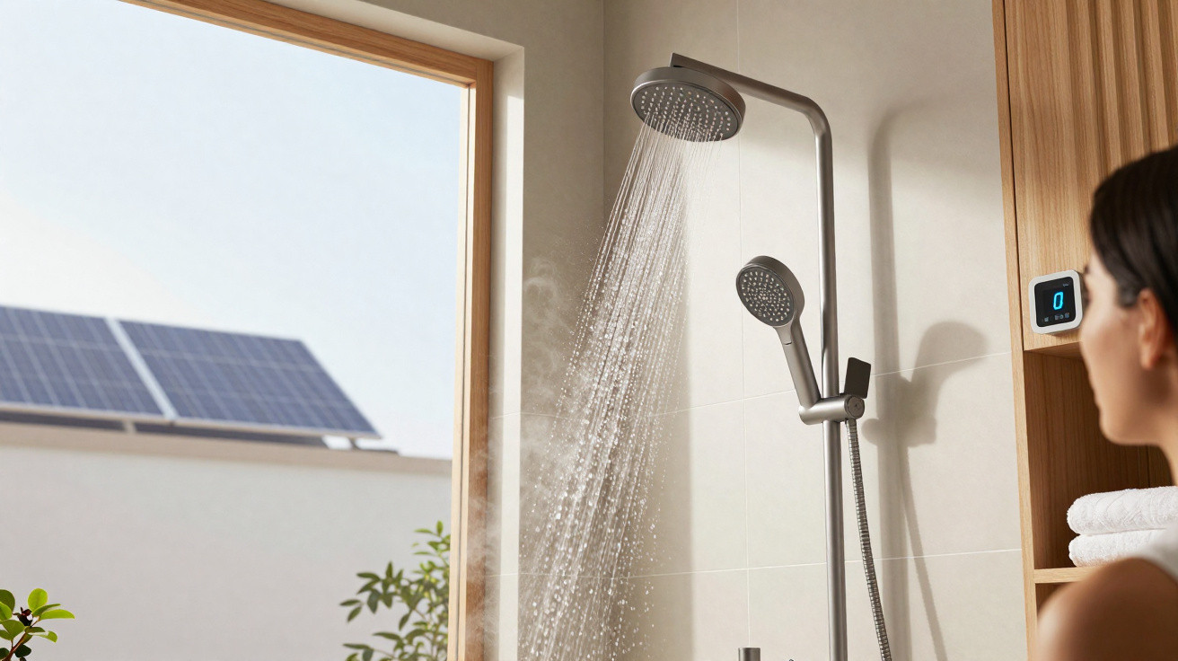 Chuveiro moderno a funcionar com água quente, vista para painéis solares através de janela aberta.