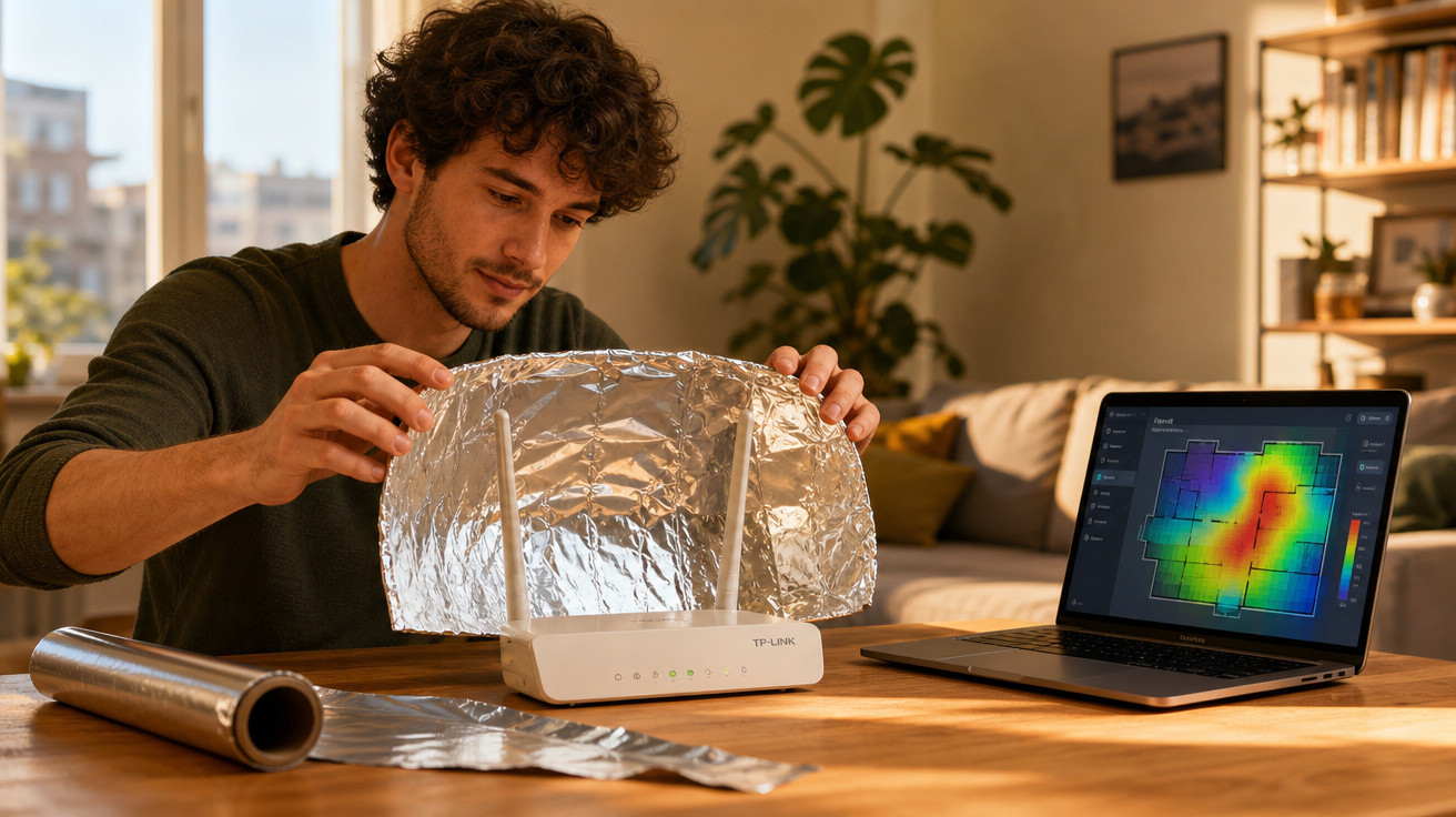 Homem ajusta papel alumínio em router Wi-Fi enquanto analisa mapa de calor da rede no portátil.