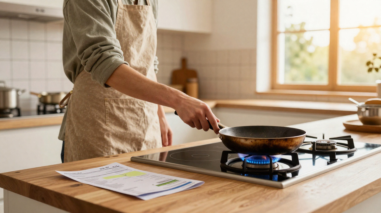Pessoa a cozinhar numa cozinha moderna com um fogão a gás e receita na bancada de madeira.