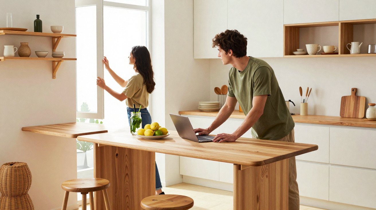 Casal numa cozinha moderna com móveis de madeira, mulher a abrir janela e homem a usar portátil.