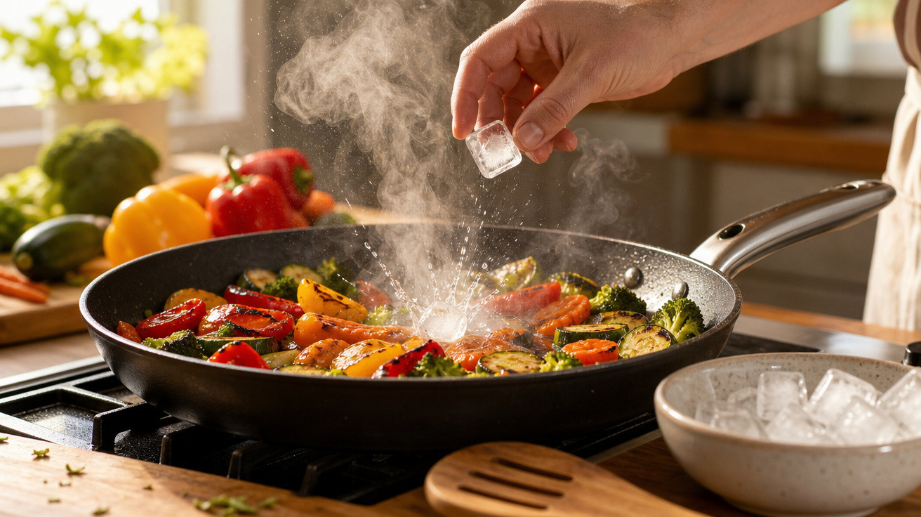 Mão a colocar cubo de gelo numa frigideira com legumes variados a cozinhar e vapor a subir.