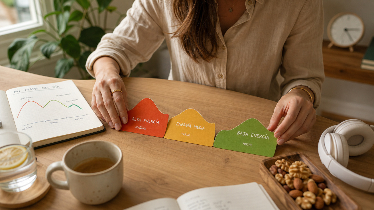 Pessoa a organizar cartões de cores com níveis de energia ao longo do dia numa mesa com chá e frutos secos.
