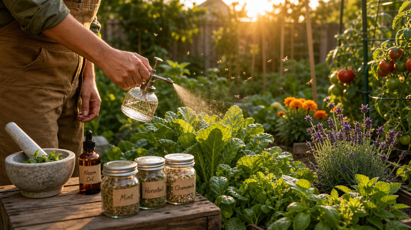 Pessoa a pulverizar plantas num jardim com plantas aromáticas e frascos etiquetados à frente.