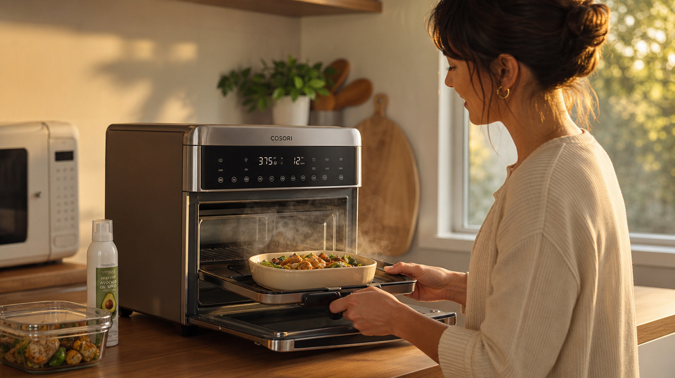 Mulher retira prato quente fumegante de forno elétrico numa cozinha moderna com luz natural.