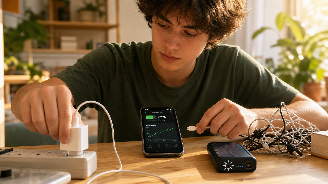Jovem a carregar bateria com powerbank enquanto consulta nível de carga num smartphone numa mesa com cabos.