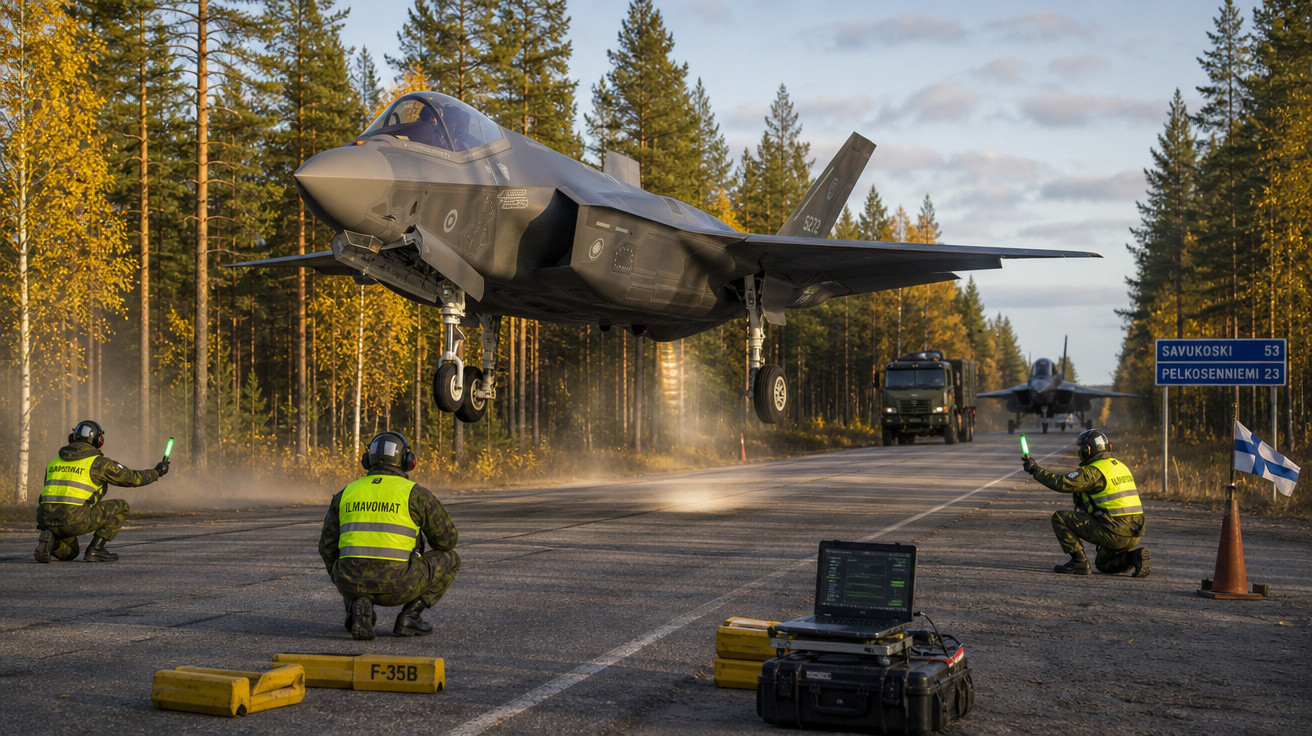 Caça F-35 descola numa estrada enquanto militares finlandeses sinalizam ao redor, rodeados por árvores de outono.