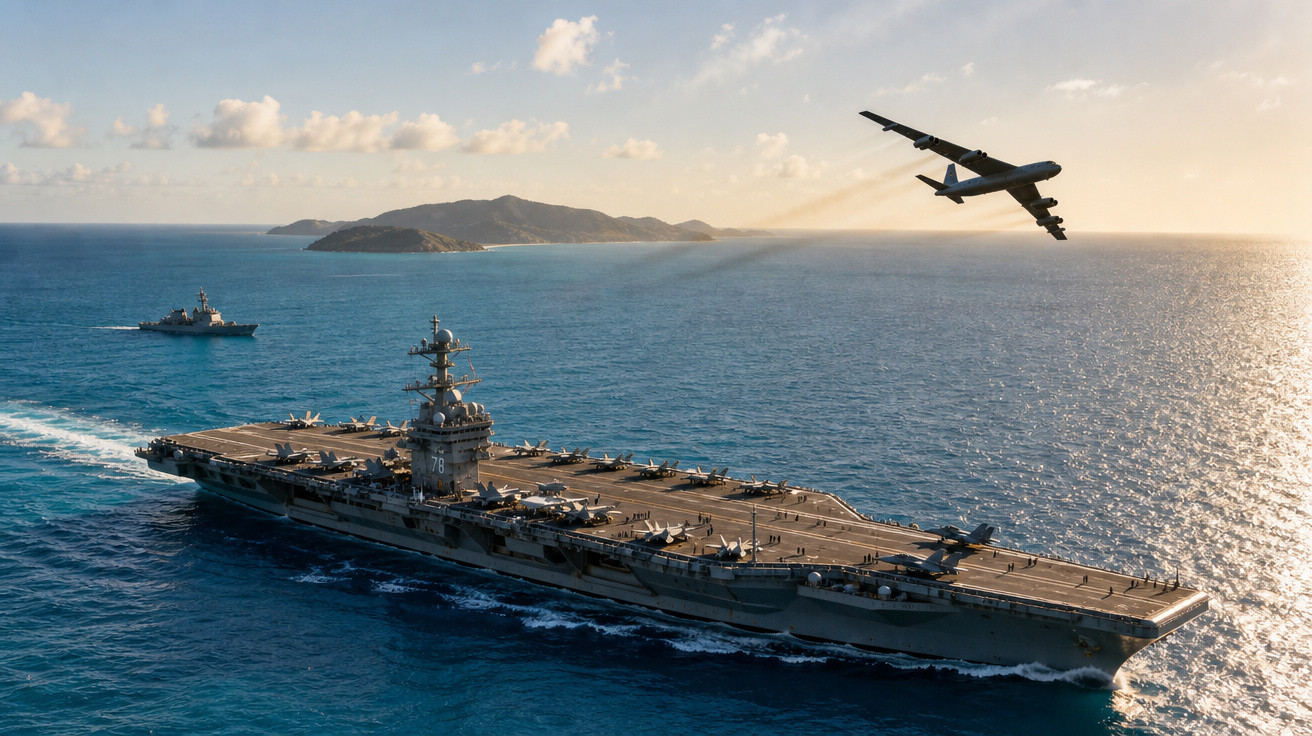 Porta-aviões militar a navegar, acompanhado por navio de escolta e avião a sobrevoar oceano junto a ilha ao pôr do sol.