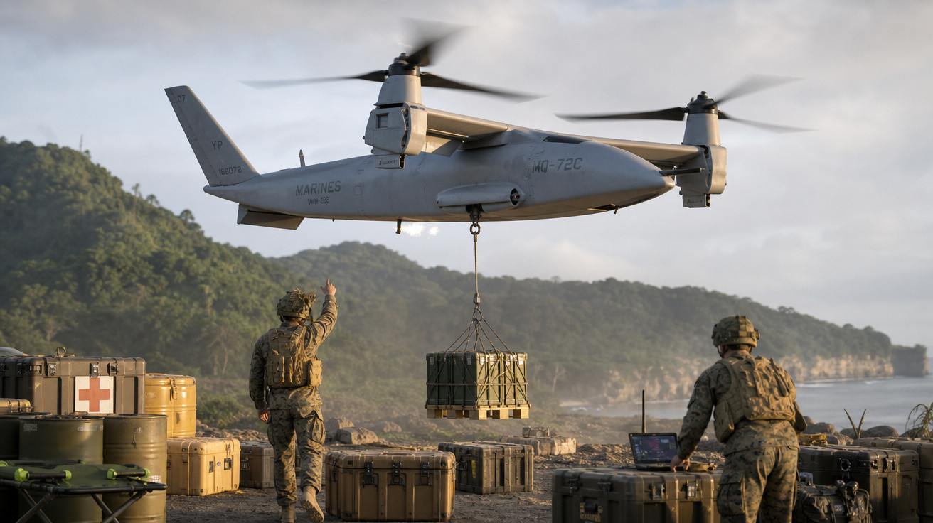 Avião militar MV-22 Osprey a transportar carga para soldados numa praia com colinas ao fundo.