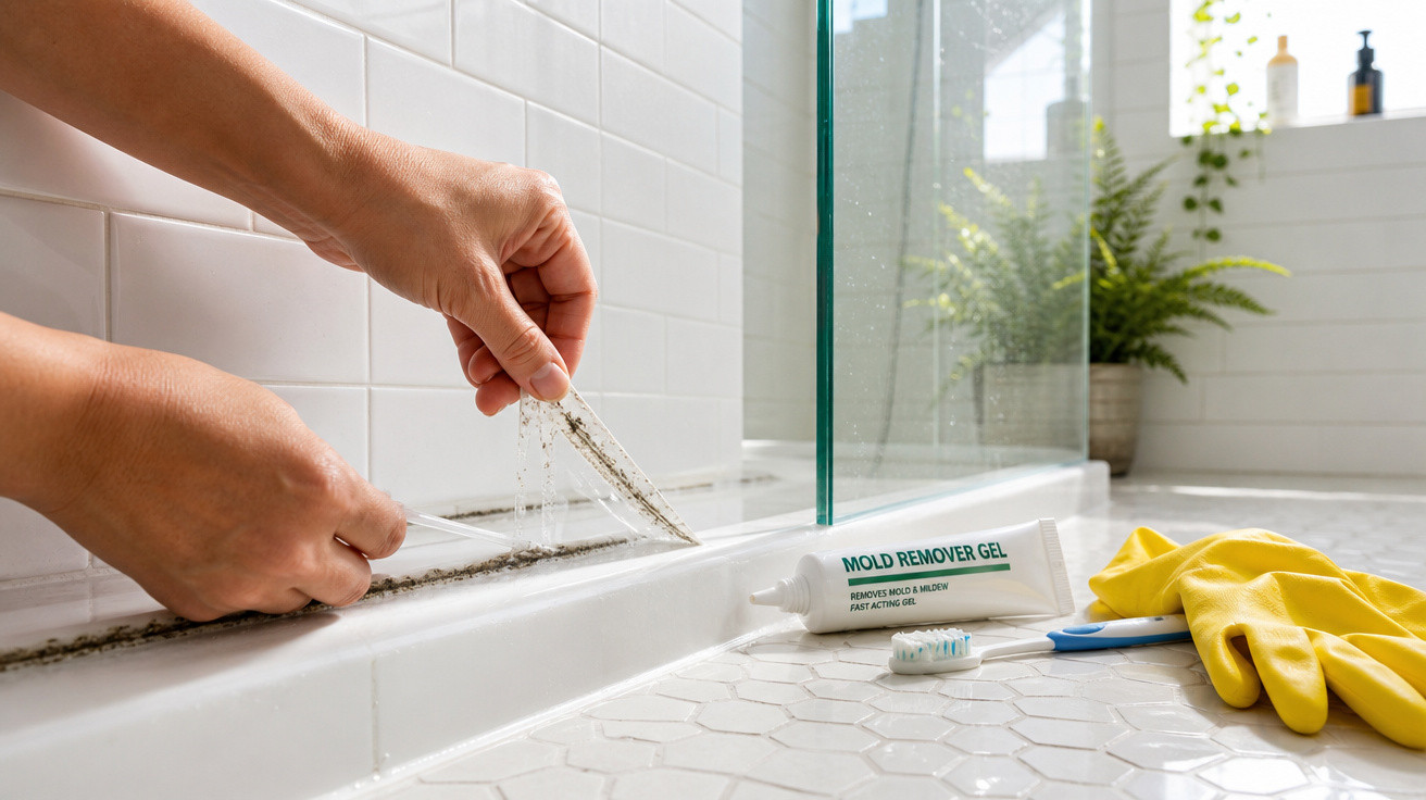 Mãos a remover borracha mofada do chão de casa de banho com gel removedor e luvas amarelas à cerca.