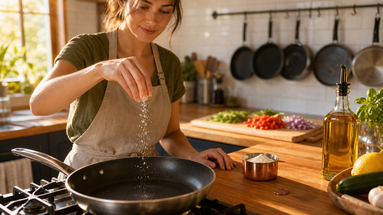 Mulher a temperar frigideira numa cozinha iluminada com ingredientes frescos sobre a bancada.