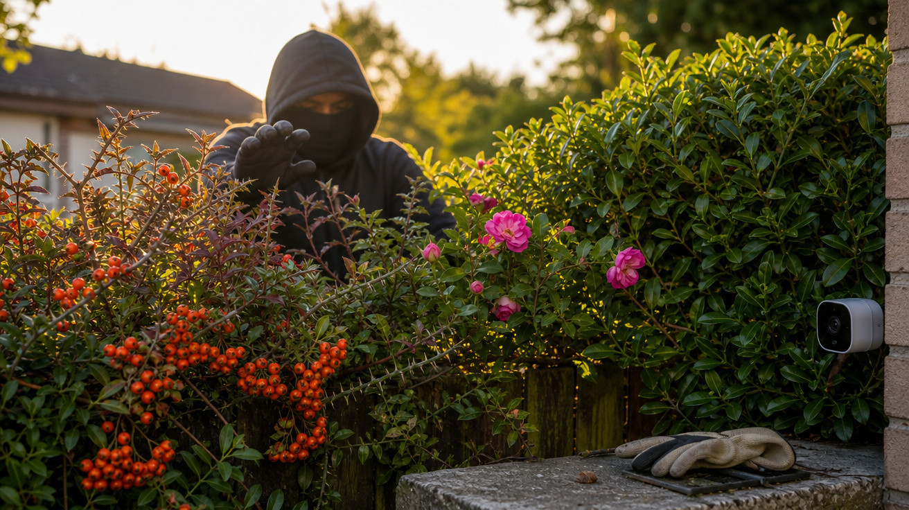 Pessoa mascarada e de capuz a espreitar por trás de arbustos com flores, perto de uma câmara de segurança.
