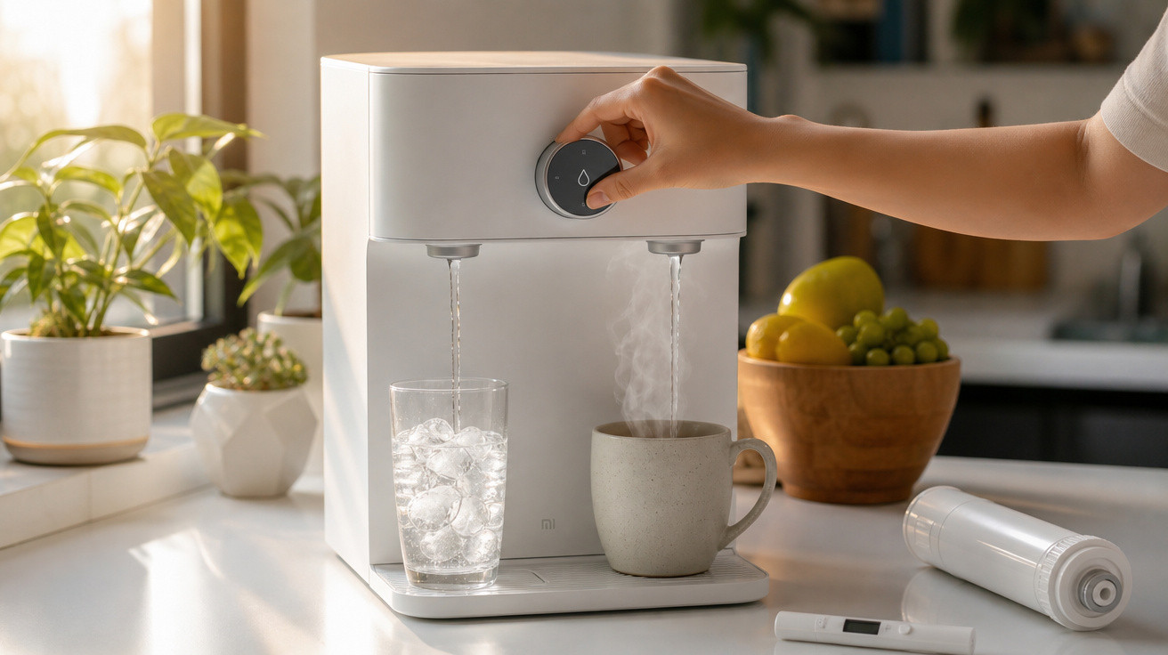 Máquina moderna a encher copo com água fria e chávena com água quente numa cozinha luminosa.