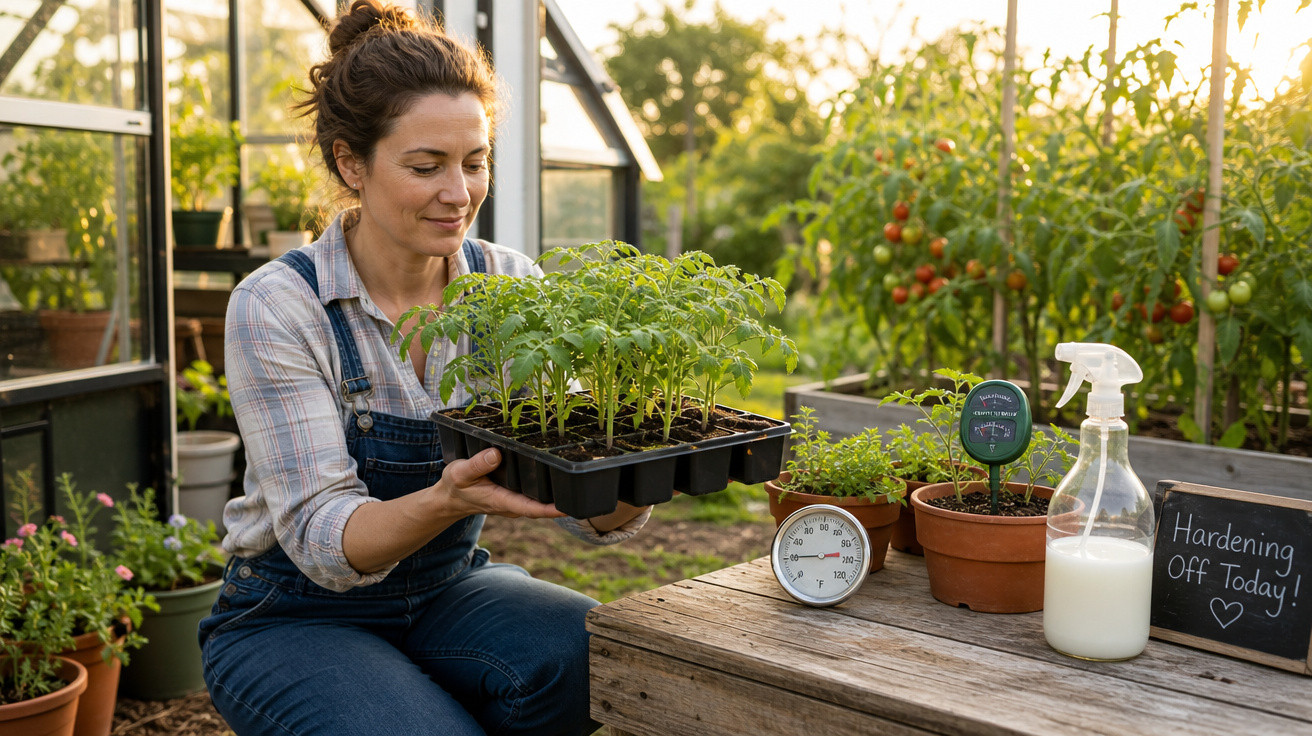Mulher a segurar muda de plantas numa estufa, rodeada de plantas e equipamento de jardinagem.