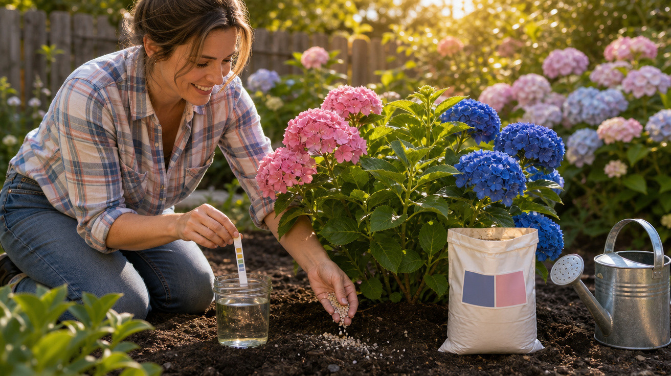 Mulher a cuidar de hortênsias rosas e azuis no jardim, adicionando fertilizante ao solo.