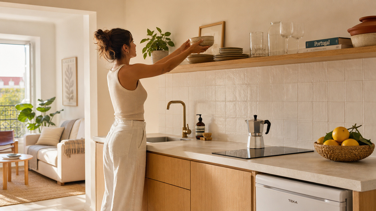 Mulher a arrumar pratos numa prateleira de cozinha moderna com decoração minimalista e luz natural.