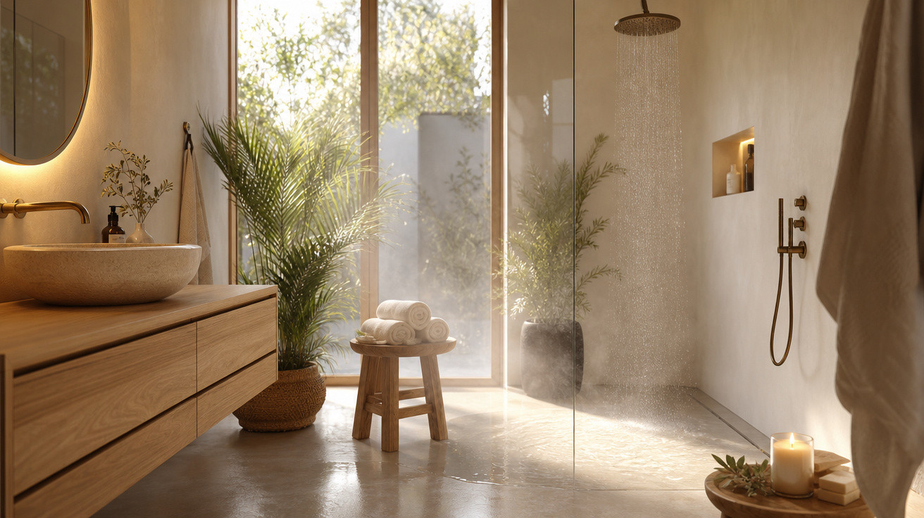 Casa de banho moderna com chuveiro aberto, luz natural, plantas verdes e toalhas enroladas sobre banco de madeira.