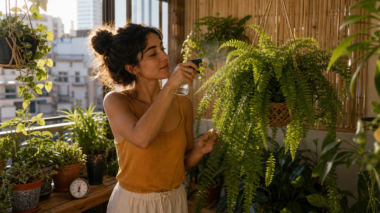 Mulher rega plantas num varandas com luz natural e muitas plantas em vasos e suspensas.