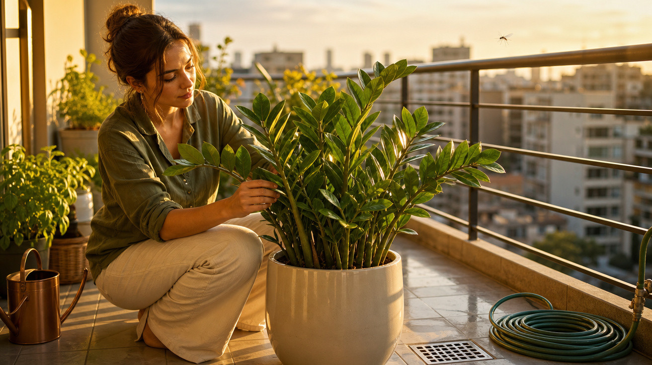 Mulher a cuidar de planta num vaso grande numa varanda durante o pôr do sol, rodeada de outras plantas.