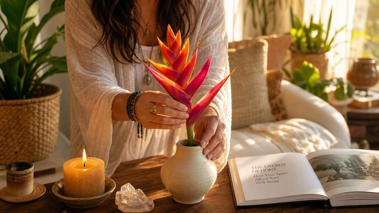 Pessoa com pulseiras a colocar flor exótica vermelha e laranja num vaso enquanto lê livro numa sala iluminada.