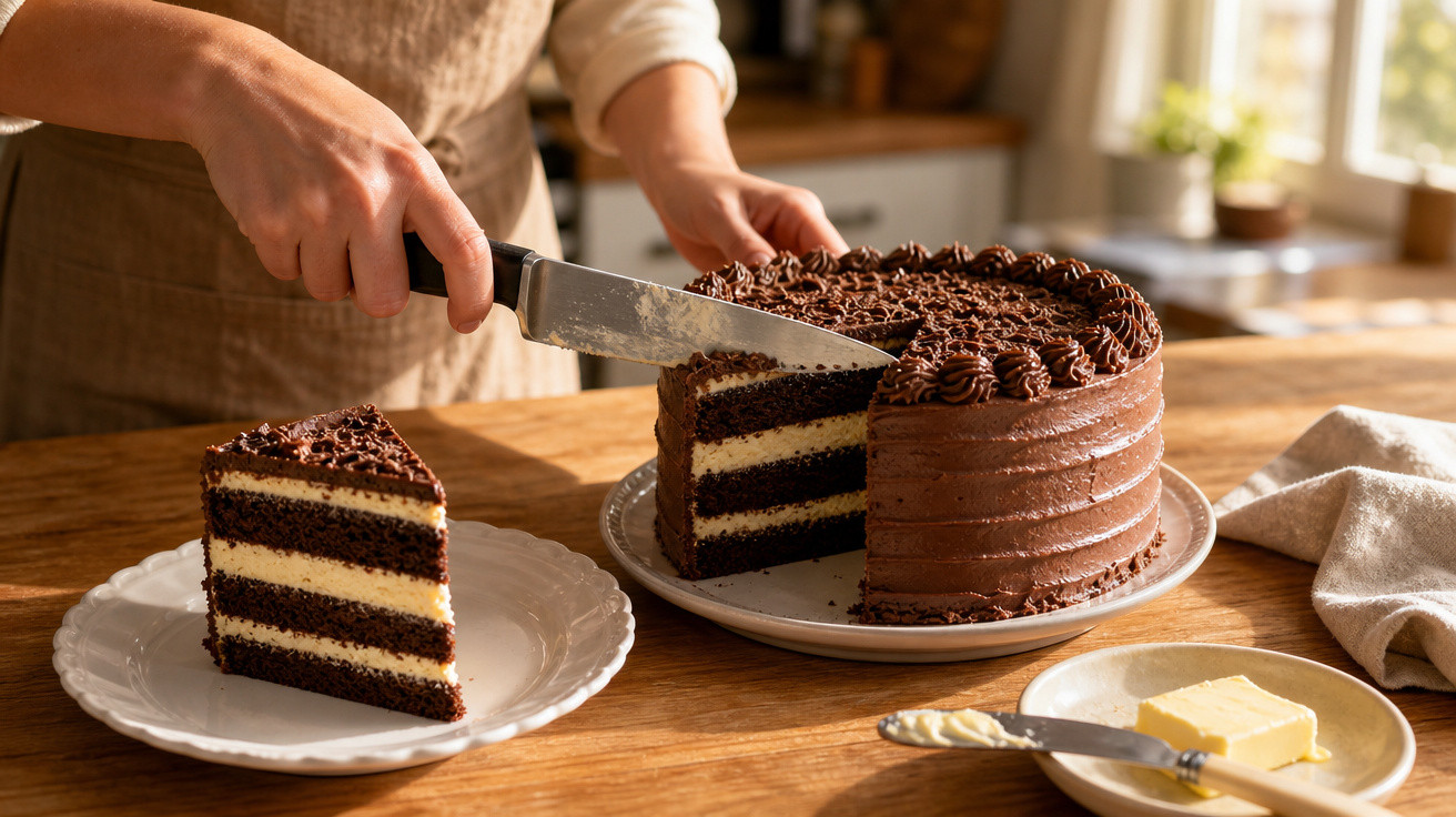 Pessoa a cortar fatia de bolo de chocolate com recheio creme em prato branco numa cozinha iluminada.