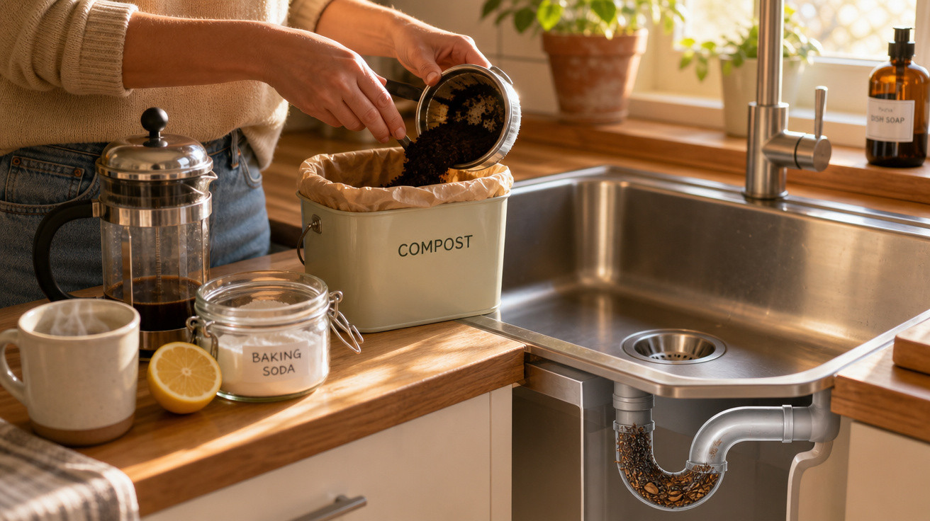 Pessoa a deitar borra de café num recipiente de compostagem numa cozinha com pia e utensílios de cozinha.