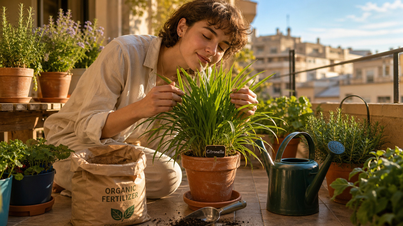 Mulher a cuidar de planta de citronela em vaso num terraço ensolarado com regador e fertilizante orgânico.