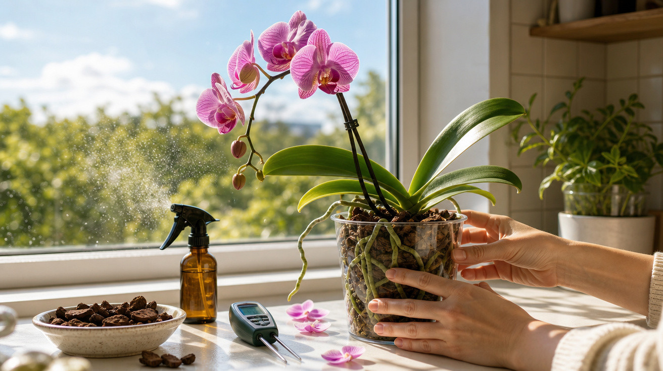 Orquídea rosa em vaso transparente sendo cuidada junto a janela com pulverizador e medidor ambiental.