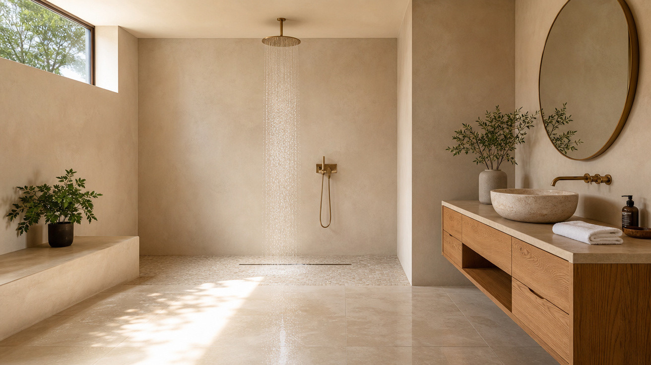 Casa de banho minimalista com chuveiro de teto, bancada de madeira, espelho redondo e plantas decorativas.