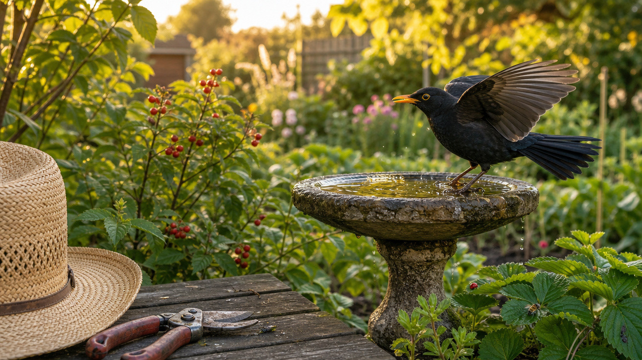 Pássaro preto com asas abertas numa fonte de jardim rodeada de plantas e ferramentas de jardinagem ao entardecer.