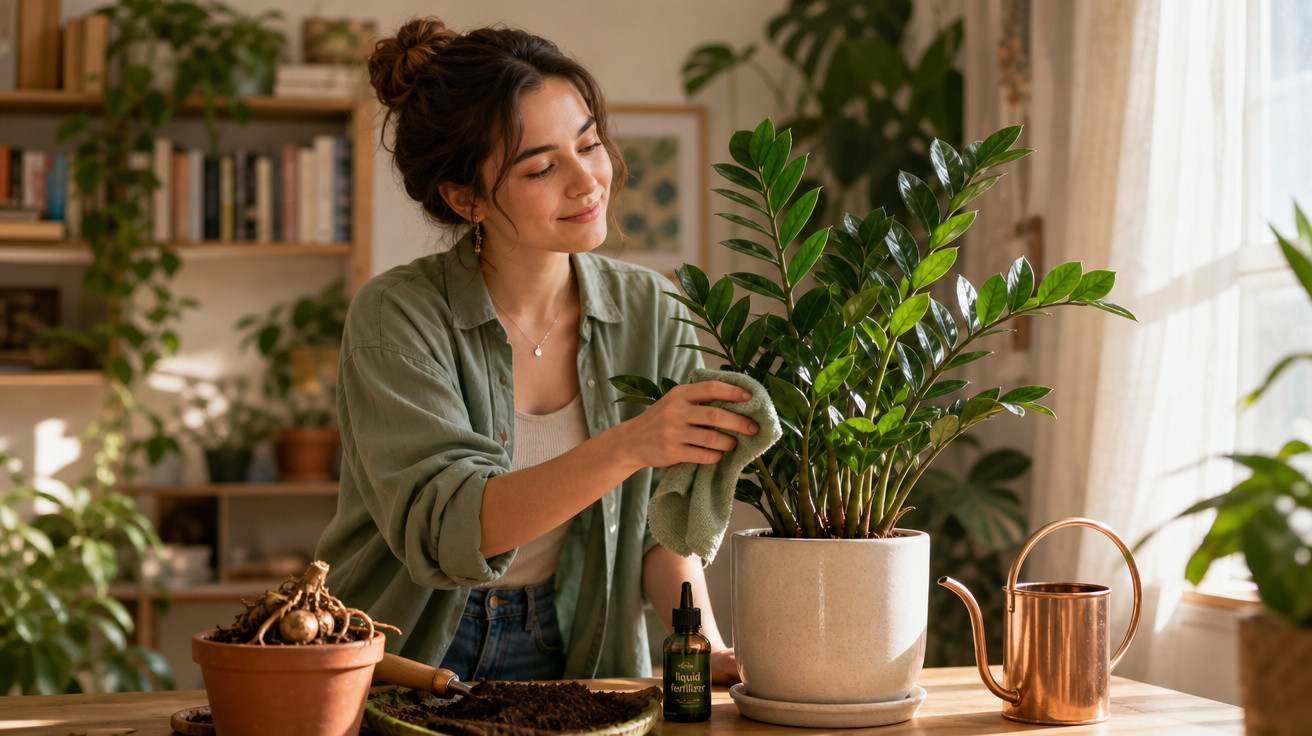 Mulher a cuidar de planta em vaso branco numa sala iluminada com ferramentas de jardinagem.