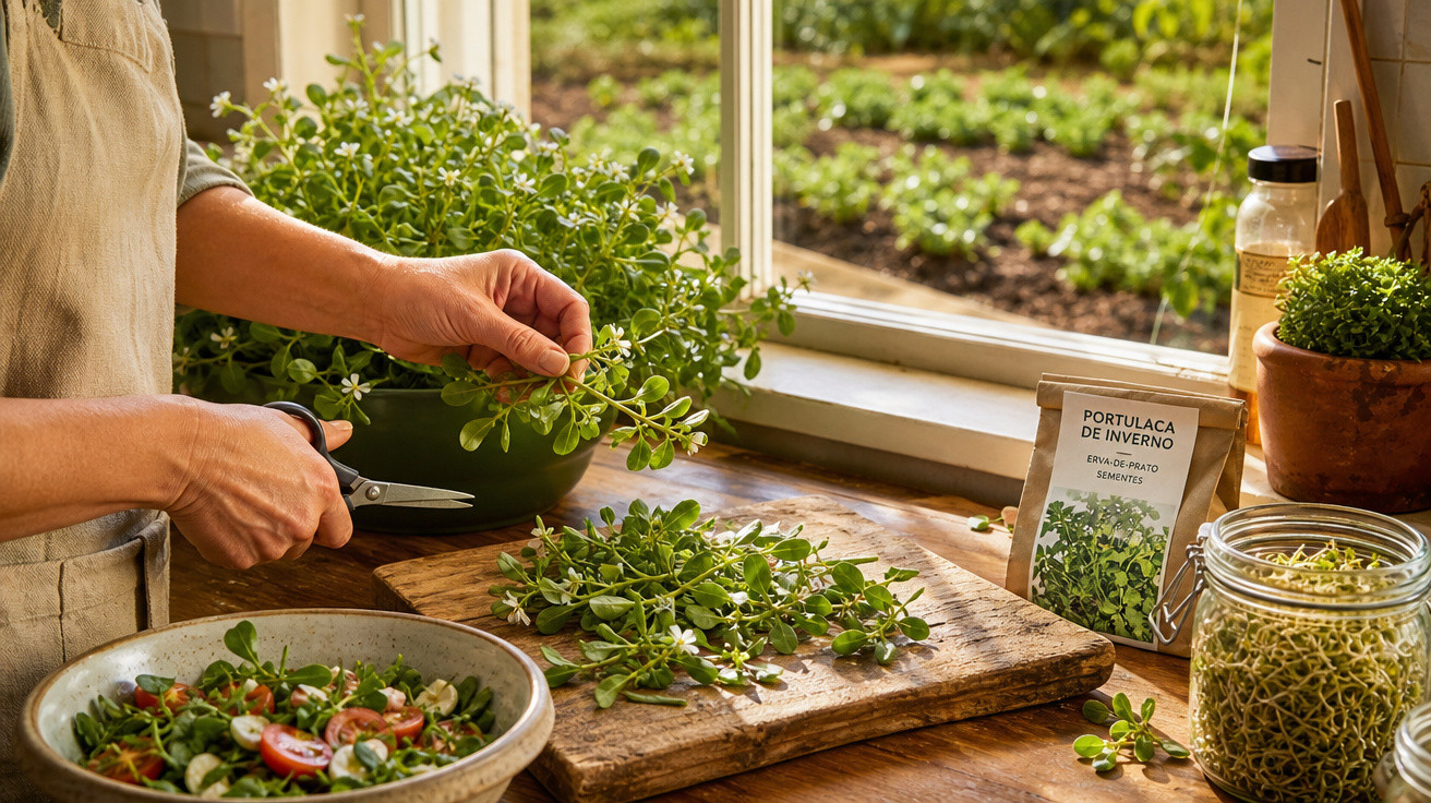 Pessoa a cortar erva-portulaca fresca numa tábua de cozinha com salada e frascos ao lado, junto à janela.