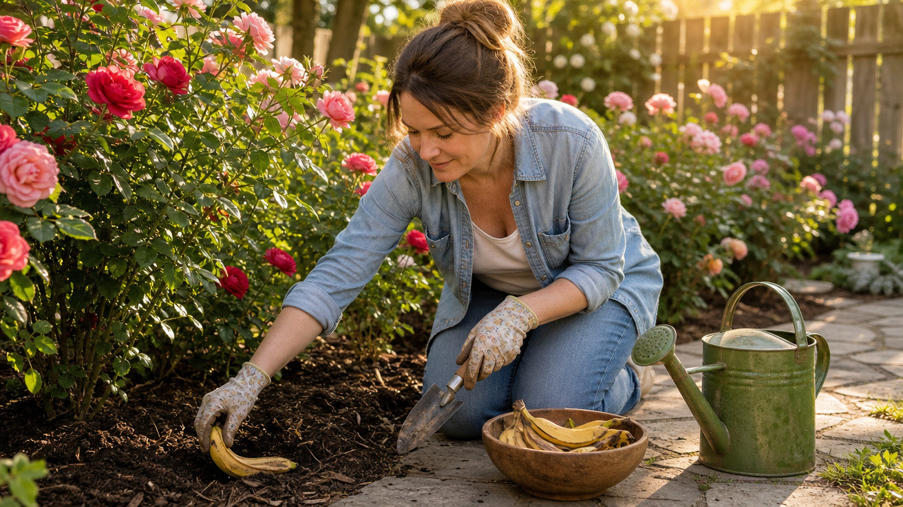 Mulher a fertilizar canteiro de rosas com cascas de banana ao pôr do sol num jardim.
