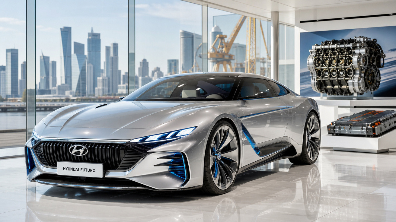 Carro concept prateado Hyundai Futuro exposto em sala moderna com skyline urbano visível ao fundo.