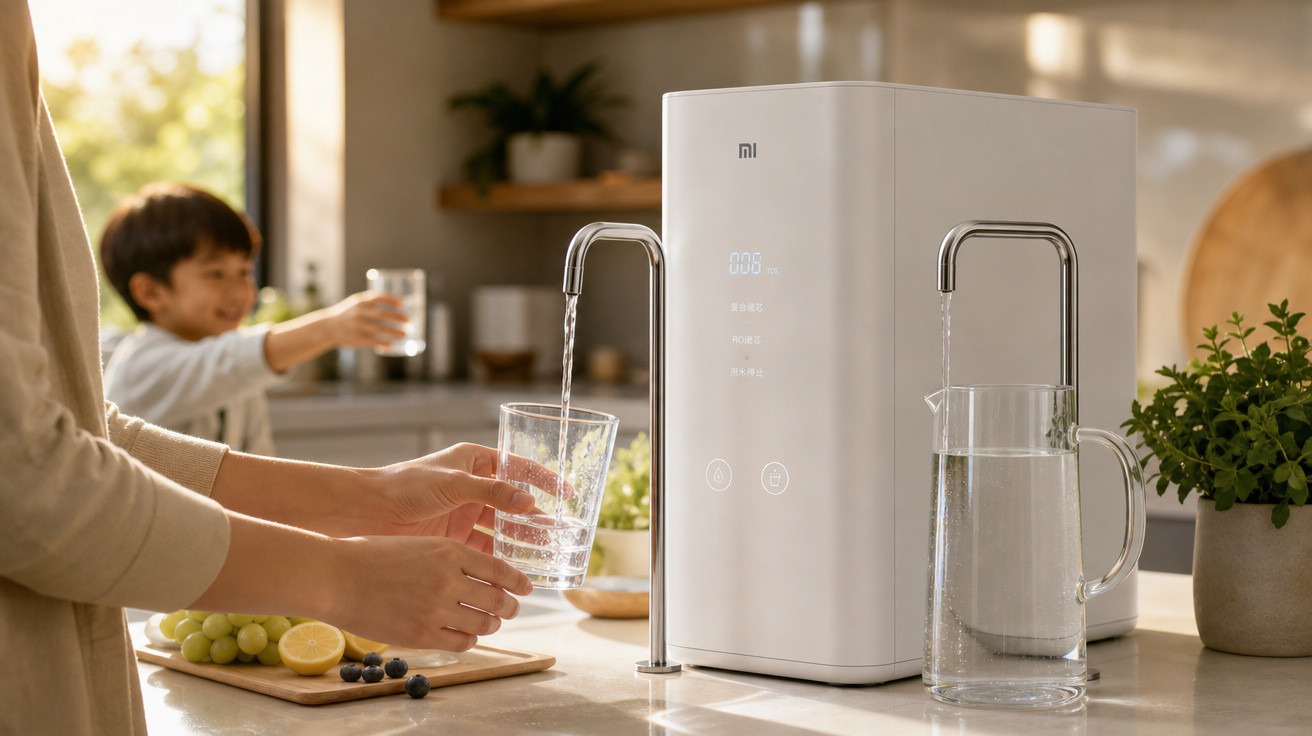 Pessoa a encher copo com água num purificador Xiaomi, com criança ao fundo na cozinha luminosa.