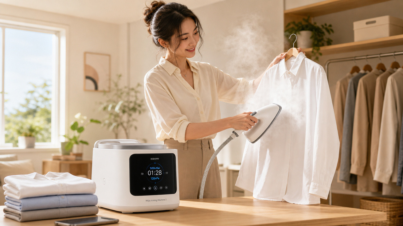 Mulher a passar a ferro a vapor uma camisa branca num ambiente doméstico luminoso e organizado.