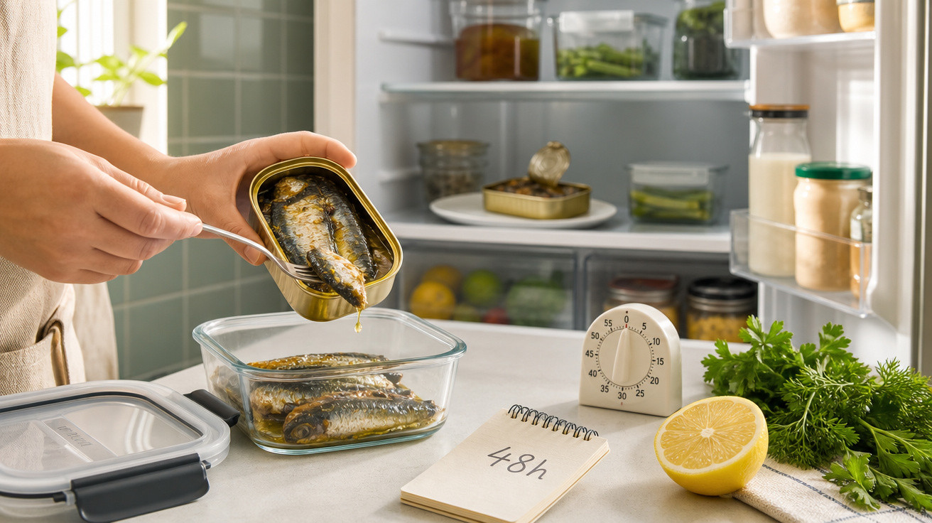 Pessoa a colocar sardinhas em lata numa caixa de vidro com ingredientes e frigorífico ao fundo.