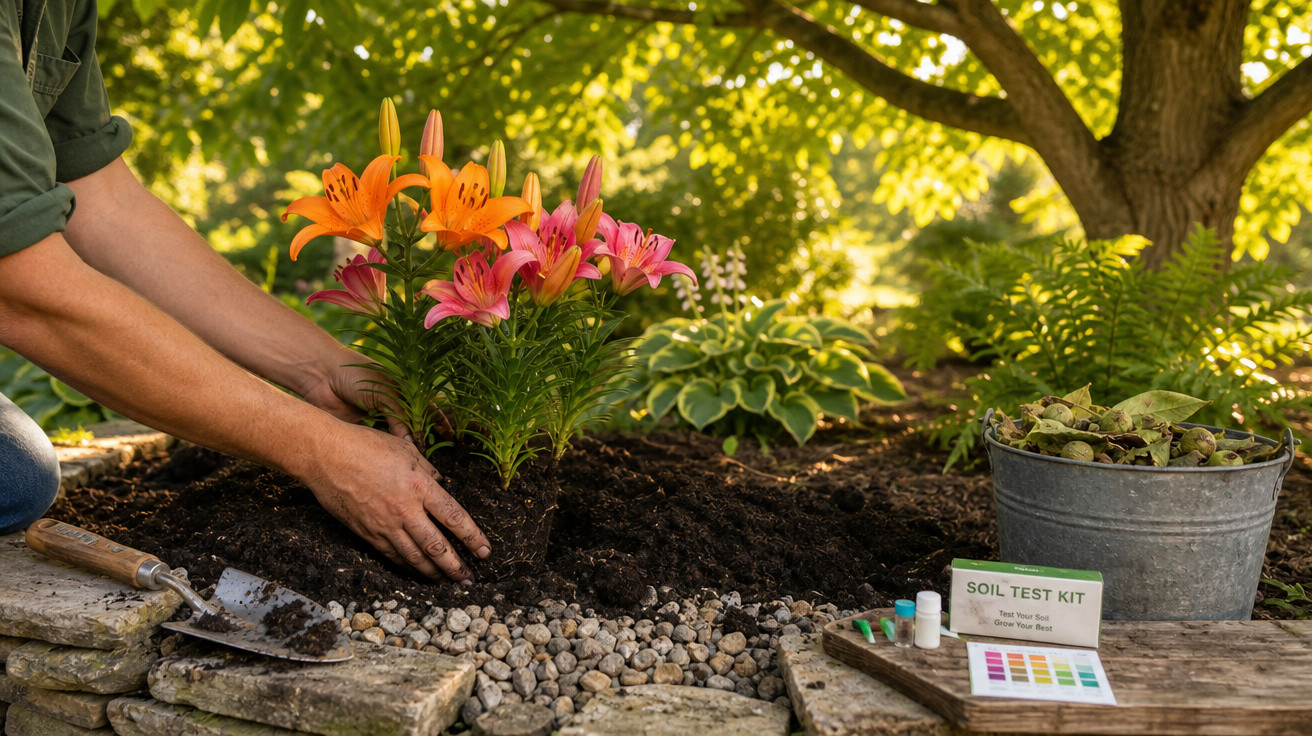 Pessoa a plantar lírios cor-de-rosa e laranja num jardim com solo preparado e kit de teste de solo.